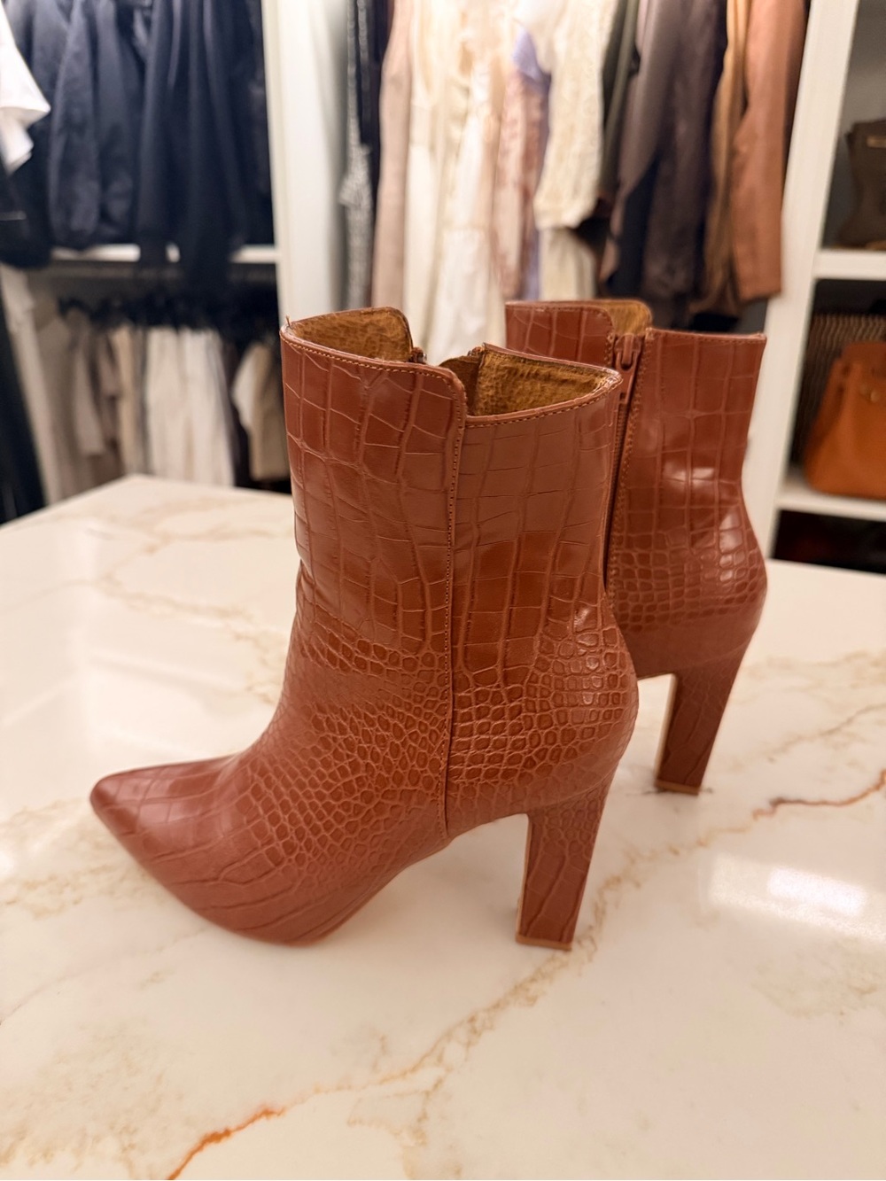 Women's Croc-Embossed Brown High-Heel Ankle Boots